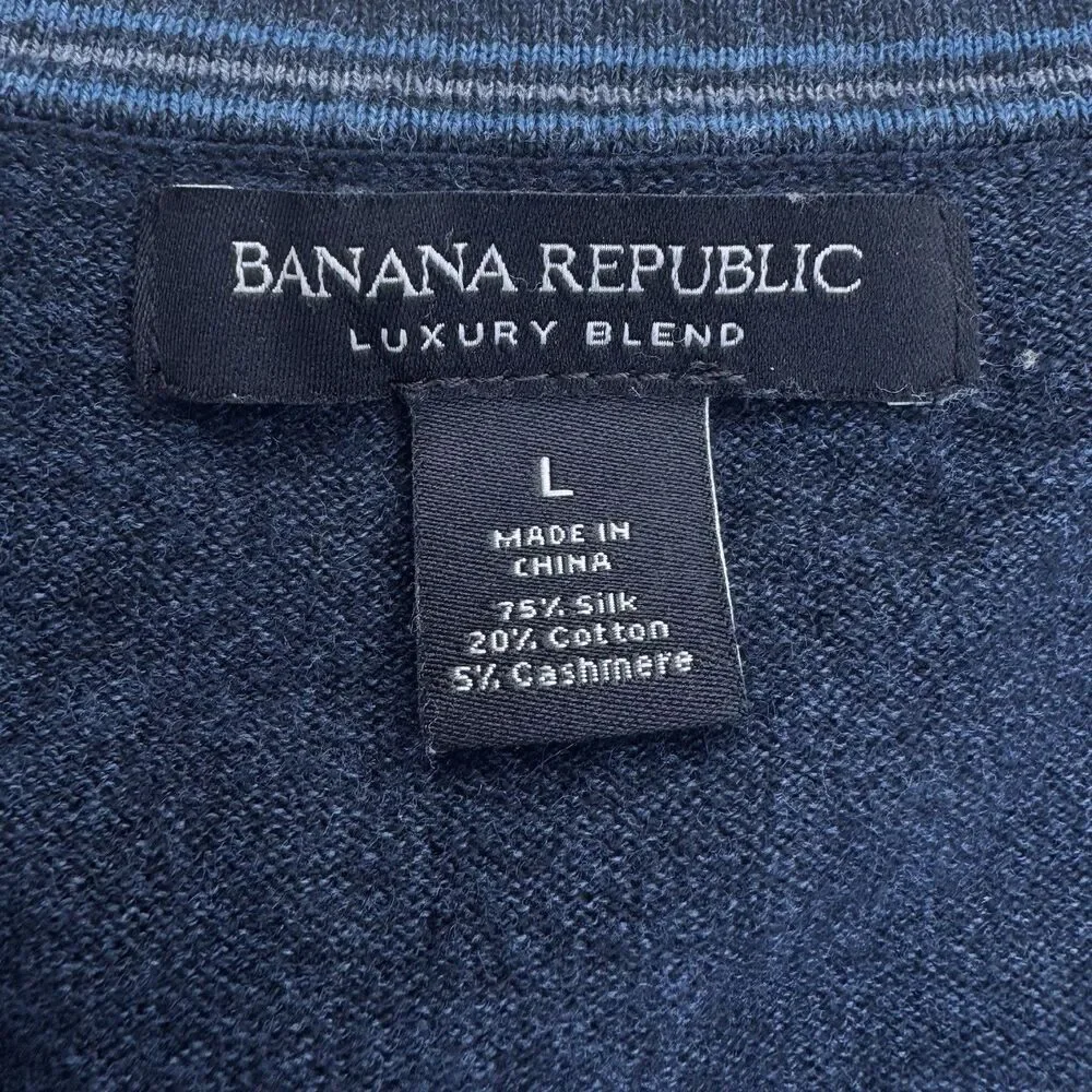 Banana Republic Luxury Blend Mens Silk Cashmere V-Neck Sweater Size‎ L Navy Blue